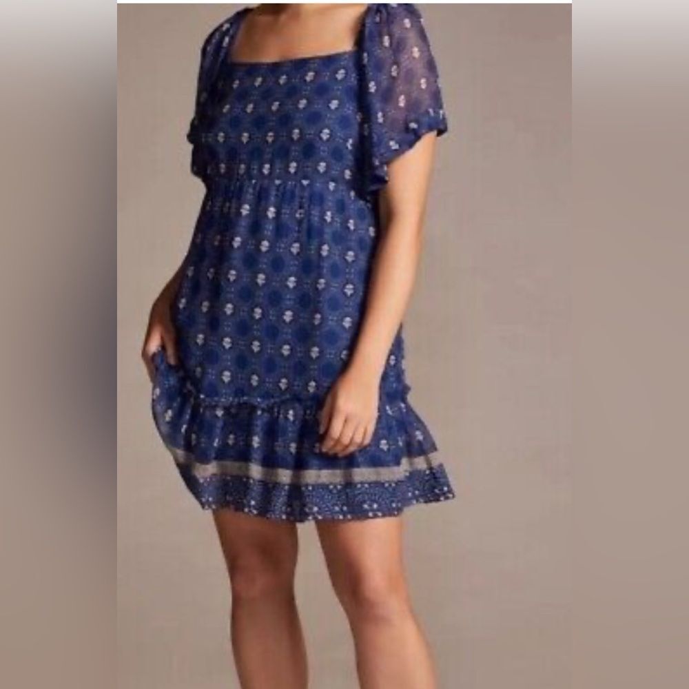 Maeve for Anthropologie blue & cream. boho dress with back cut out. Size 1X.